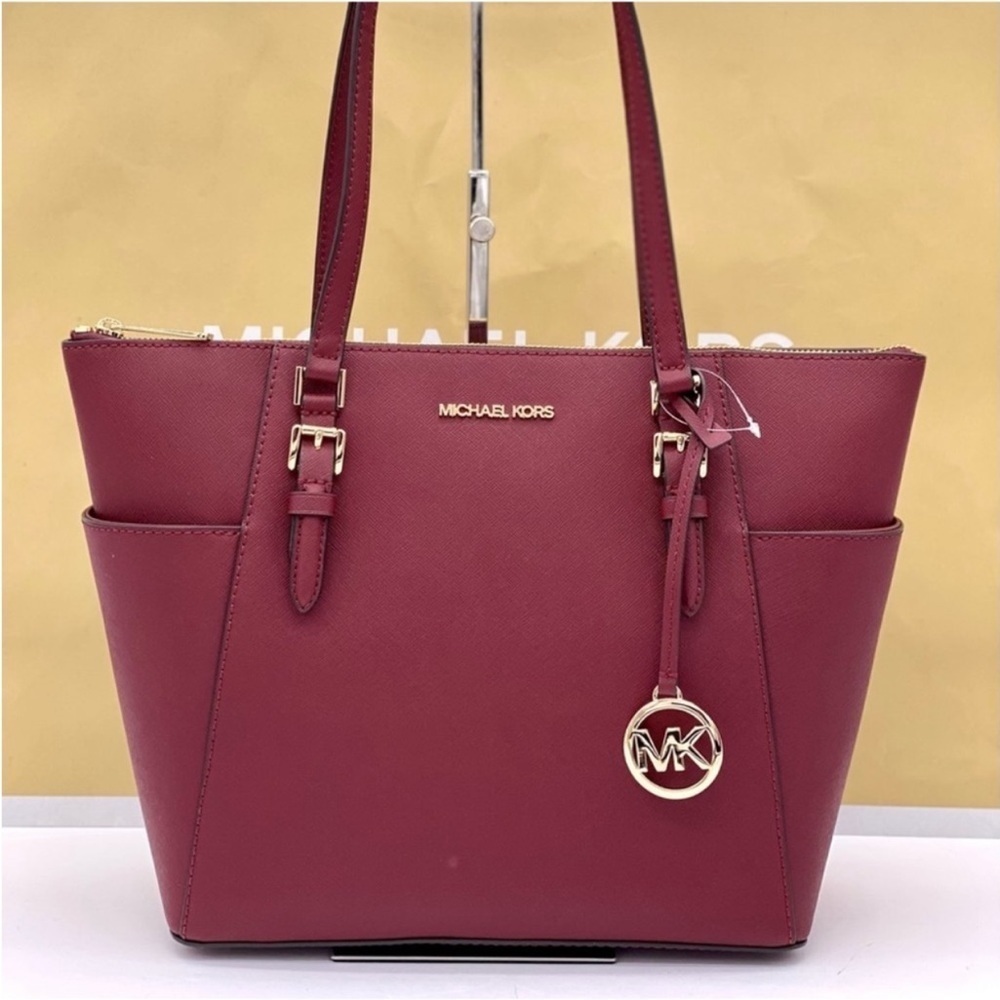 Michael Kors Charlotte Leather Tote Shoulder Bag Dark Cherry - Picture 9 of 11